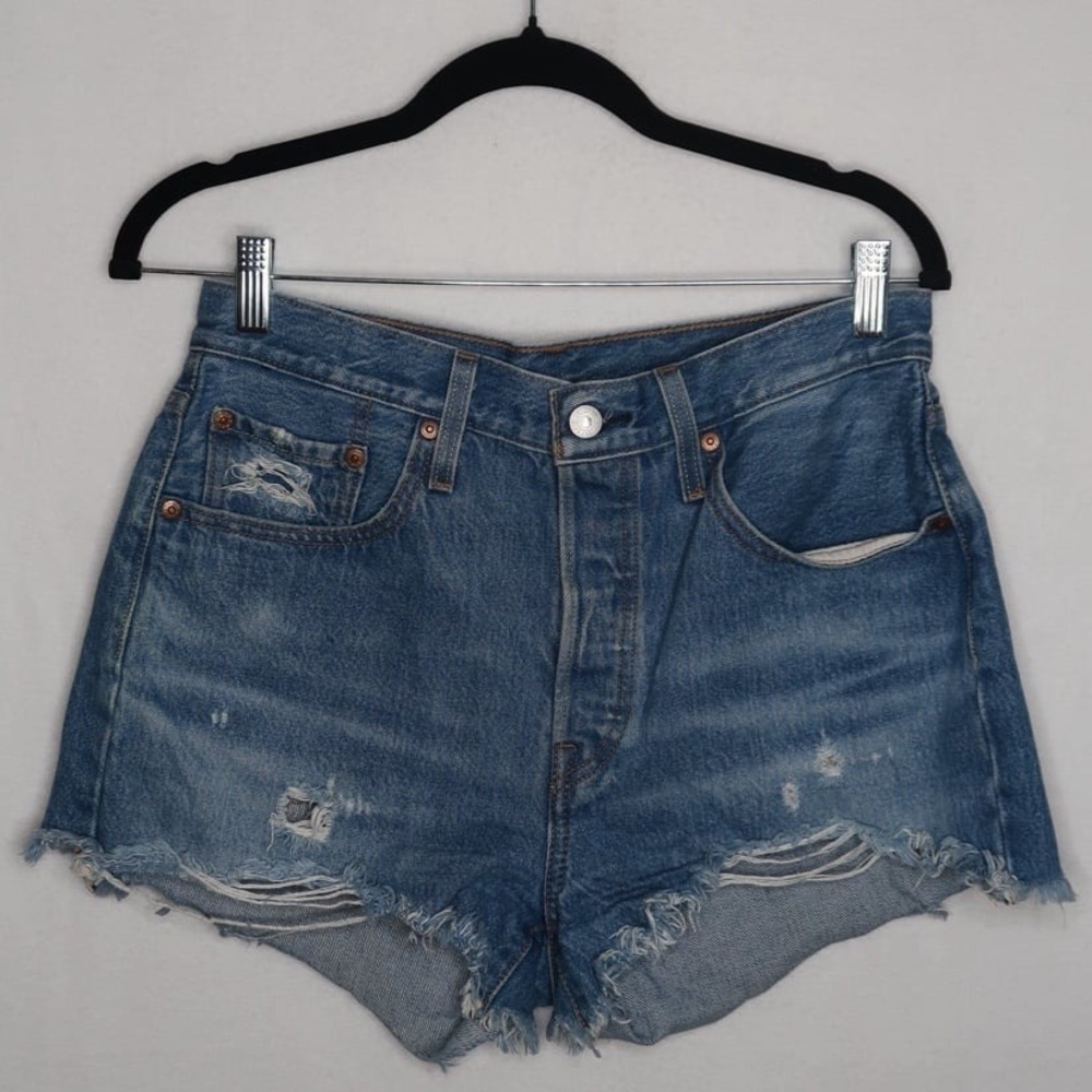 Levi's 501 Shorts Womens 28 Daisy Embroidered High Rise Distressed Cut off Denim